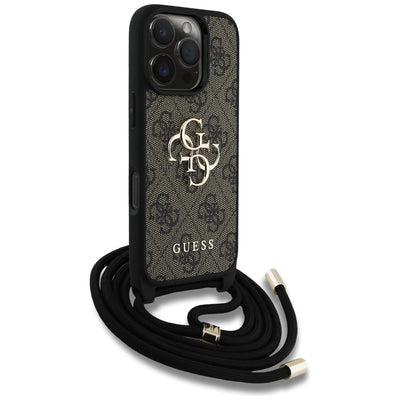 Guess 4G Big Logo Cord Stap Crossbody Case for iPhone 16 Pro Max Brown