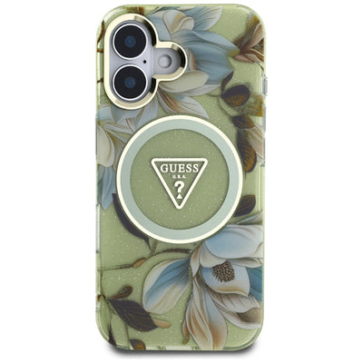 Guess Glitter Flowers Triangle Buttons MagSafe case for iPhone 16 green