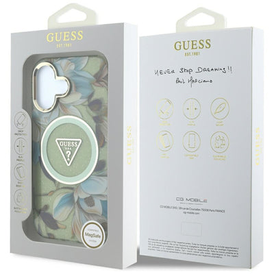 Guess Glitter Flowers Triangle Buttons MagSafe case for iPhone 16 green