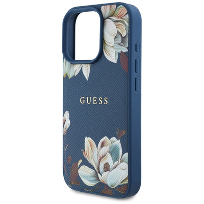 Guess Grained Printed Flower Pattern MagSafe case for iPhone 16 Pro blue