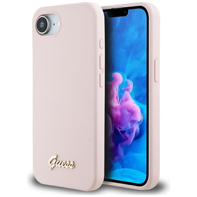 Guess Silicone Script Metal Logo MagSafe iPhone 16e Case - Pink