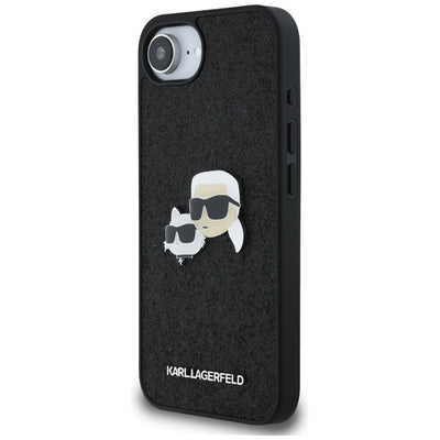 Karl Lagerfeld Fixed Glitter Karl&amp;Choupette Heads Metal Pin iPhone 16e Case - Black