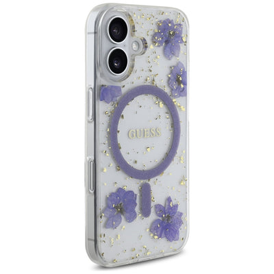 Guess Resin Flowers Glitter MagSafe case for iPhone 16 - purple