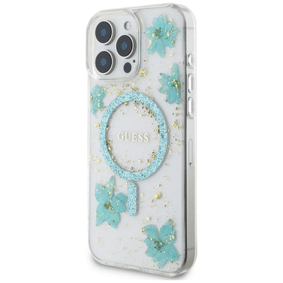 Guess Resin Flowers Glitter MagSafe iPhone 16 Pro Case - Clear Green