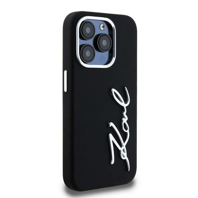 Karl Lagerfeld Silicone Metal Script Logo iPhone 15 Pro Max Case - Black