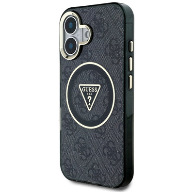 Guess IML Metal Glitter 4G Circle Triangle MagSafe Case for iPhone 16 - Black