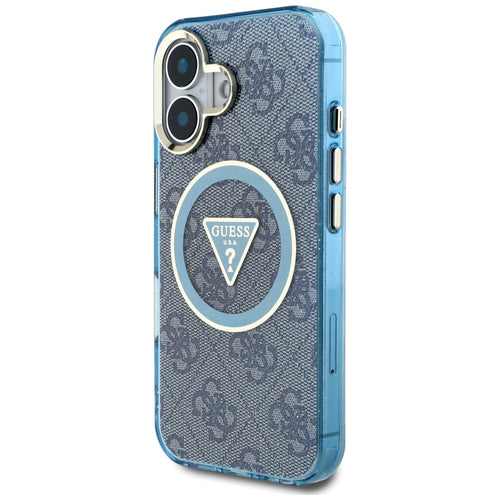 Guess IML Metal Glitter 4G Circle Triangle MagSafe Case for iPhone 16 - Blue