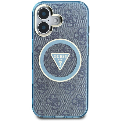 Guess IML Metal Glitter 4G Circle Triangle MagSafe Case for iPhone 16 - Blue