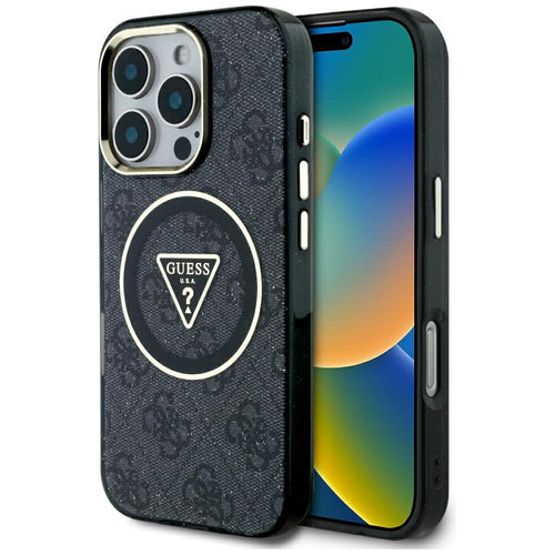Guess IML Metal Glitter 4G Circle Triangle MagSafe Case for iPhone 16 Pro - Black