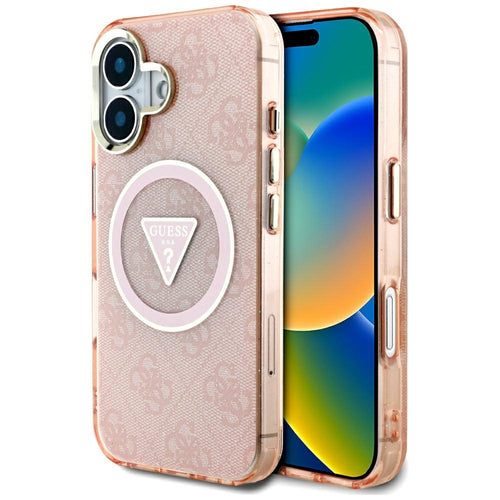 Guess IML Metal Glitter 4G Circle Triangle MagSafe case for iPhone 16 - pink