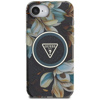 Guess IML Metal Glitter Flowers Triangle MagSafe case for iPhone 16e - black