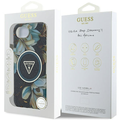 Guess IML Metal Glitter Flowers Triangle MagSafe case for iPhone 16e - black