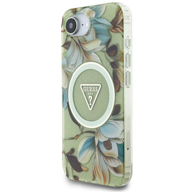 Guess IML Metal Glitter Flowers Triangle MagSafe iPhone 16e Case - Green