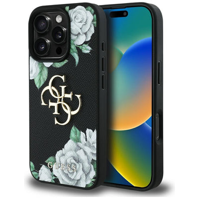 Guess Grained Roses Big 4G logo iPhone 16 Pro case - black