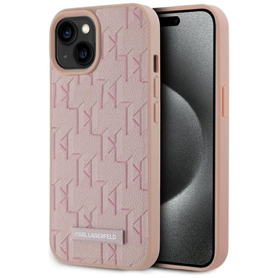 Karl Lagerfeld Leather Monogram Metal Logo MagSafe iPhone 15 Case - Pink