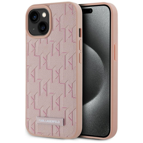 Karl Lagerfeld Leather Monogram Metal Logo MagSafe iPhone 15 Case - Pink
