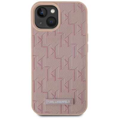 Karl Lagerfeld Leather Monogram Metal Logo MagSafe iPhone 15 Case - Pink