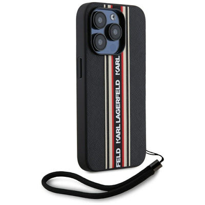 Karl Lagerfeld Saffiano Athleisure Stripes Cord iPhone 15 Pro Case - Red