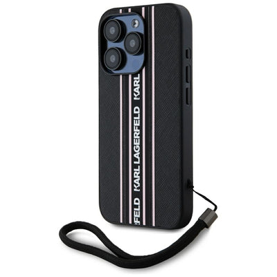 Karl Lagerfeld Saffiano Athleisure Stripes Cord iPhone 15 Pro Max Case - Pink