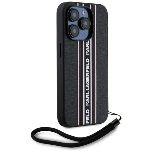Karl Lagerfeld Saffiano Athleisure Stripes Cord iPhone 15 Pro Max Case - Pink