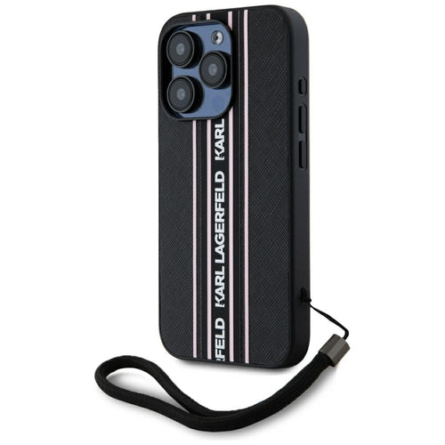 Karl Lagerfeld Saffiano Athleisure Stripes Cord iPhone 15 Pro Case - Pink
