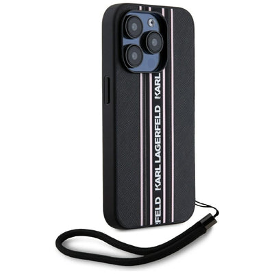 Karl Lagerfeld Saffiano Athleisure Stripes Cord iPhone 15 Pro Case - Pink
