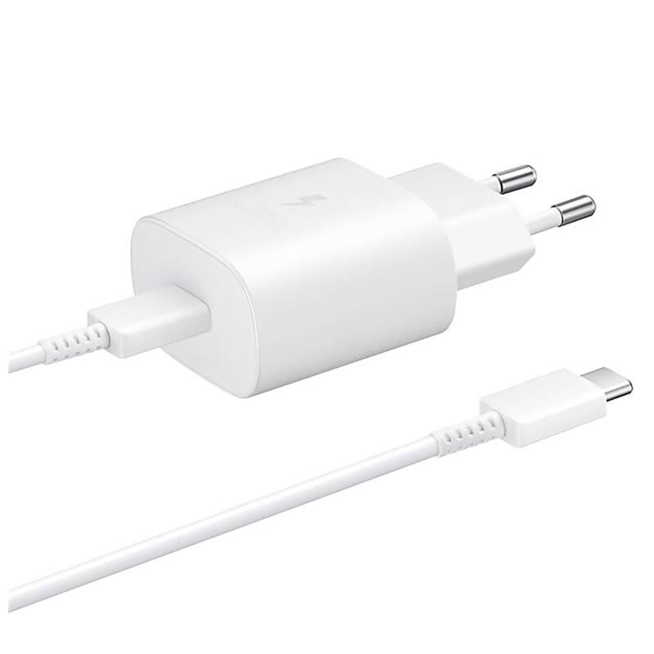 Samsung 25W EP-TA800EWE USB-C wall charger with Samsung EP-DA705BWE USB-C / USB-C cable replacement packaging - white