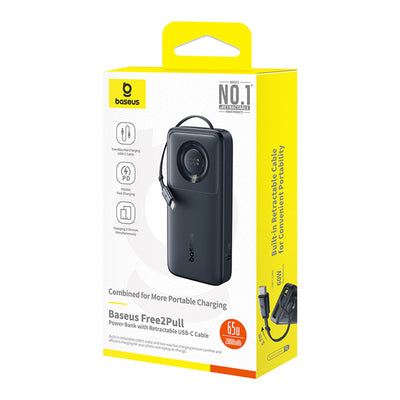 Baseus Free2Pull 20000mAh 65W Power Bank with Retractable USB-C Cable - Black