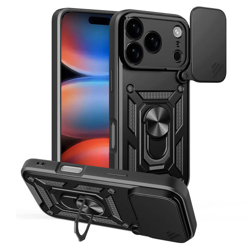 Hybrid Armor Camshield iPhone 17 Pro Case with Stand and Camera Cover - Black — Hurtel