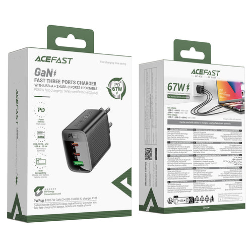 Acefast A108 GaN PD 67W 2xUSB-C 1xUSB-A Wall Charger - Black