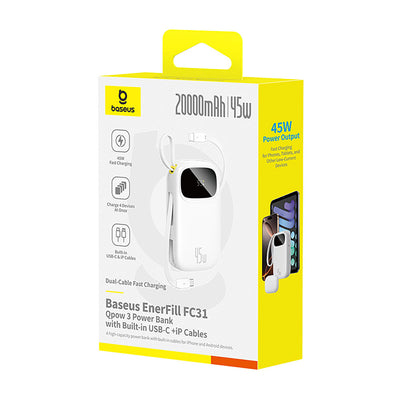 Baseus EnerFill FC31 20000mAh 45W Powerbank with Digital Display and 2 Built-in Cables (USB-C + Lightning) - White