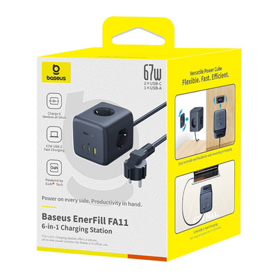 Baseus EnerFill FA11 67W Power Strip, USB-A + USB-C Cube + 3 x EU Socket 1.5m - Black