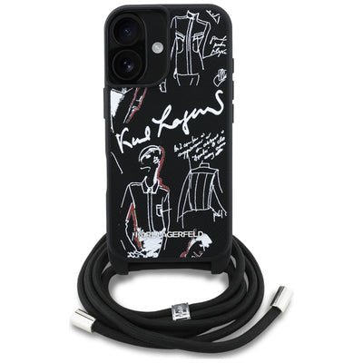 Karl Lagerfeld Crossbody Grained Pattern &amp; Logo Case for iPhone 16 - Black