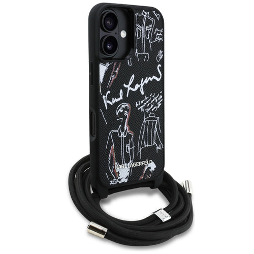 Karl Lagerfeld Crossbody Grained Pattern &amp; Logo Case for iPhone 16 - Black