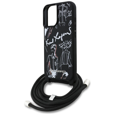 Karl Lagerfeld Crossbody Grained Pattern &amp; Logo Case for iPhone 16 - Black