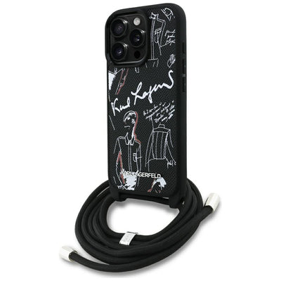 Karl Lagerfeld Crossbody Grained Pattern &amp; Logo Case for iPhone 16 Pro Max - Black