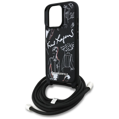 Karl Lagerfeld Crossbody Grained Pattern &amp; Logo Case for iPhone 16 Pro Max - Black
