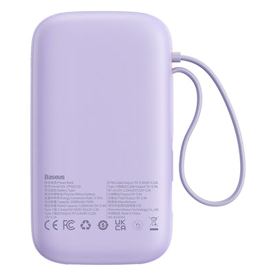 Baseus Qpow2 20000mAh 22.5W Powerbank with Dual Cable with Digital Display + Baseus Simple USB-C 3A Cable 0.3m (White) - Purp