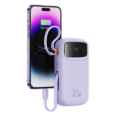 Baseus Qpow2 20000mAh 22.5W Powerbank with Dual Cable with Digital Display + Baseus Simple USB-C 3A Cable 0.3m (White) - Purp