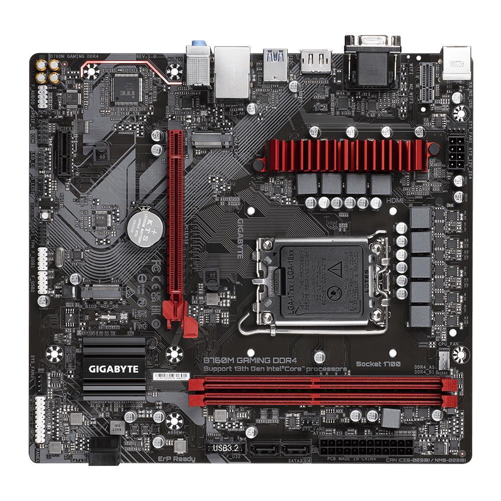 Mainboard GIGABYTE Intel B760 Express LGA1700 Micro-ATX Memory DDR4 Memory slots 2 1xPCI-Express 3.0 1x 1xPCI-Express 4.0 16x 2xM.2 1x15pin D-sub 1xHDMI 1xDisplayPort 2xAudio-In 1xAudio-Out 2xUSB 2.0 3xUSB 3.2 1xUSB-C 1xPS/2 1xRJ45 B760MGAMINGDDR41.1