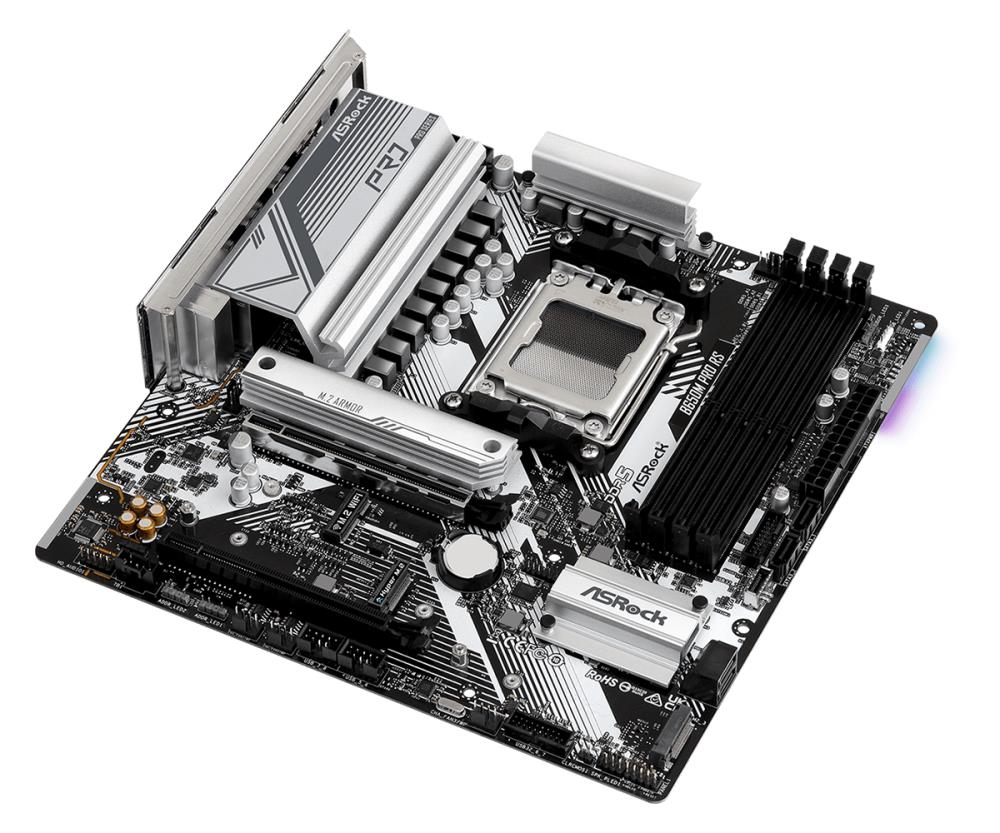 Mainboard ASROCK AMD B650 SAM5 Micro-ATX Memory DDR5 Memory slots 4 1xPCI-Express 3.0 16x 1xPCI-Express 4.0 16x 1xM.2 1xHDMI 1xDisplayPort 4xUSB 2.0 3xUSB 3.2 1xUSB-C 1xRJ45 B650MPRORS