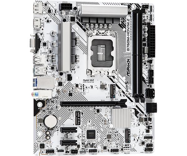 Mainboard ASROCK Intel B760 Express LGA1700 Micro-ATX Memory DDR5 Memory slots 2 2xPCI-Express 3.0 1x 1xPCI-Express 4.0 16x 1xM.2 1x15pin D-sub 1xHDMI 1xDisplayPort 1xAV-In 1xAV-out 1xMicrophone 2xUSB 2.0 3xUSB 3.2 1xUSB-C 1xRJ45 B760M-HDV/M.2