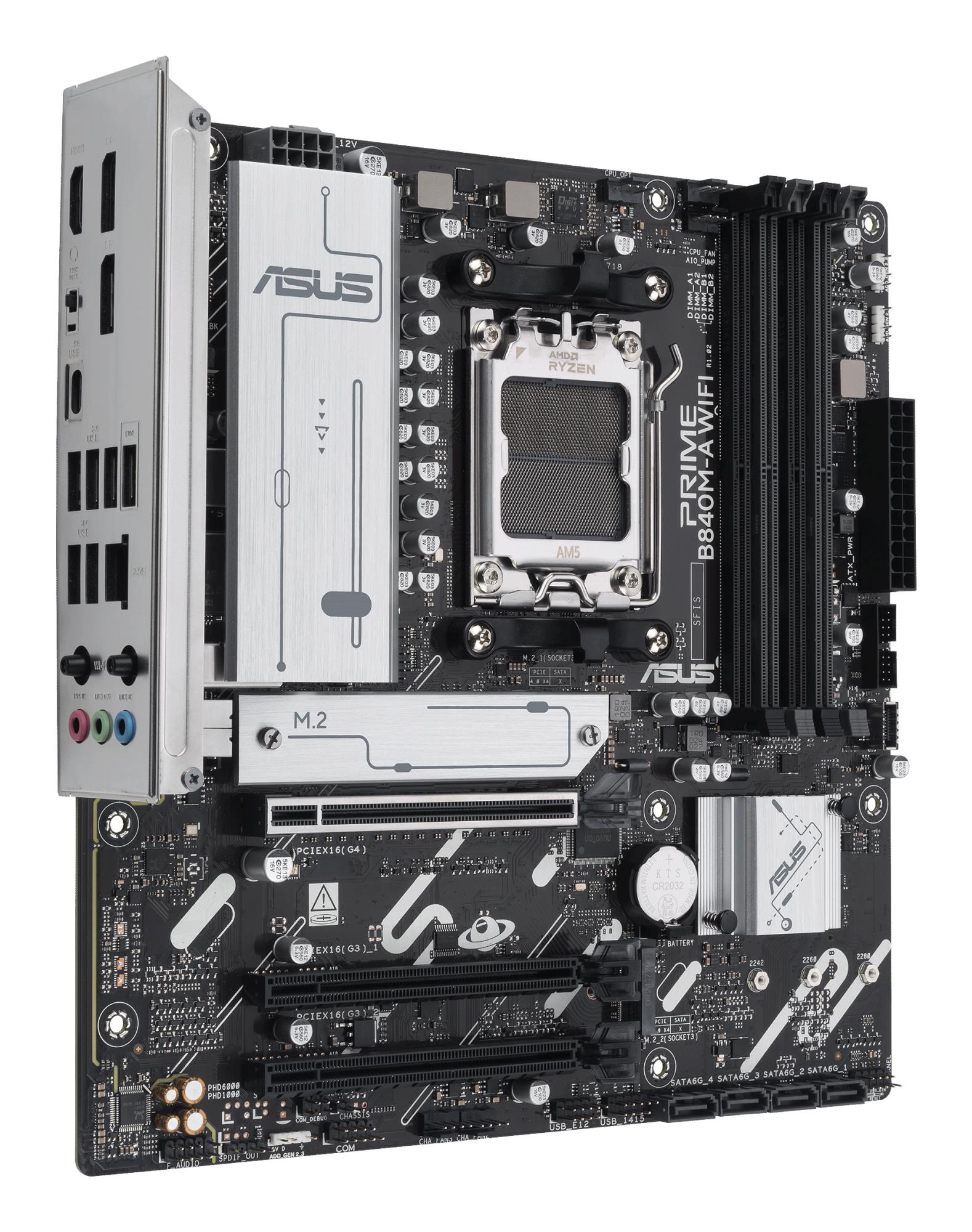Mainboard ASUS AMD B840 SAM5 Micro-ATX Memory DDR5 Memory slots 4 2xPCI-Express 3.0 16x 1xPCI-Express 4.0 16x 3xM.2 1xHDMI 2xDisplayPort 4xUSB 2.0 2xUSB 3.2 1xUSB-C 1xRJ45 3xAudio port PRIMEB840M-AWIFI
