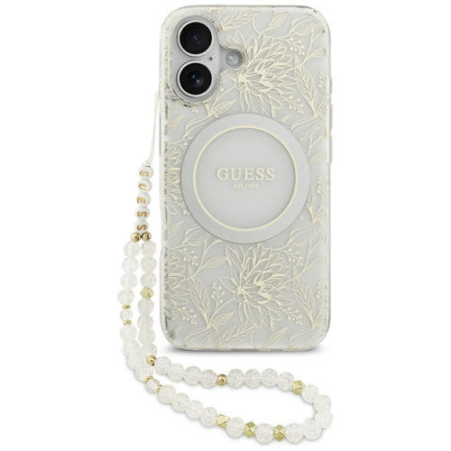 Guess IML Flowers Electro Pearl Strap MagSafe case for iPhone 17 - white