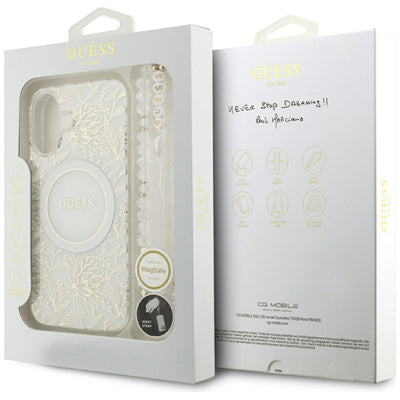 Guess IML Flowers Electro Pearl Strap MagSafe case for iPhone 17 - white