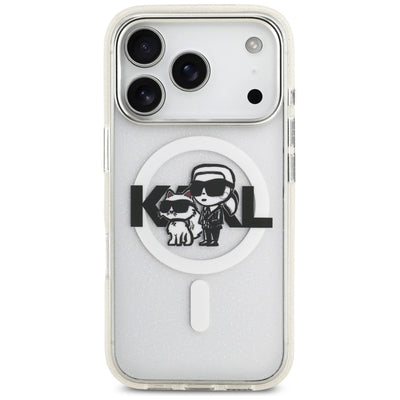 Karl Lagerfeld IML Glitter Karl &amp; Choupette Sketch Logo MagSafe Case for iPhone 17 Pro - Clear