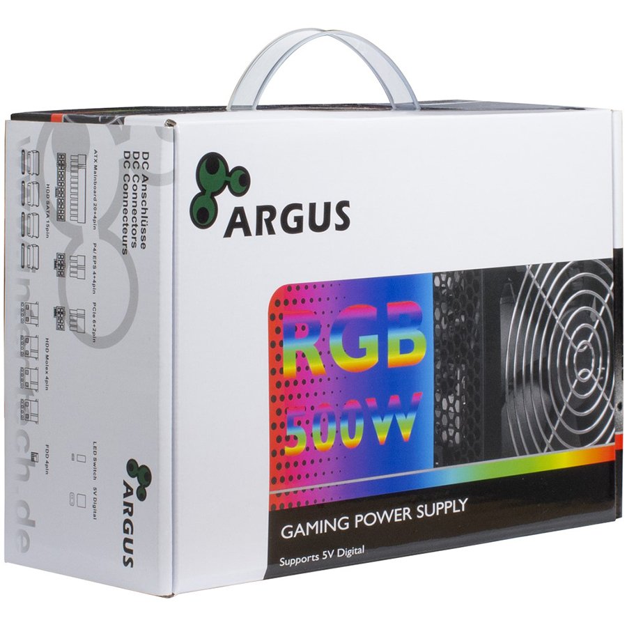 Power Supply INTER-TECH Argus RGB, 80PLUS Bronze, 500W, Retail, 1x140 Fan, 1x20+4Pin, 4+4Pin, 1xPCI-e 6+2Pin, 4x4Pin (Molex),