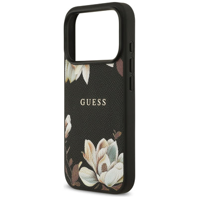 Guess Grained Flowers Classic Logo MagSafe case for iPhone 17 Pro - black