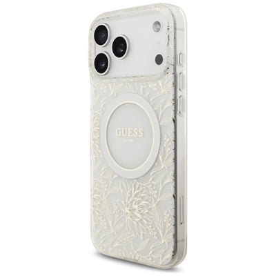 Guess IML Flowers Electro Pearl Strap MagSafe Case for iPhone 17 Pro Max - White