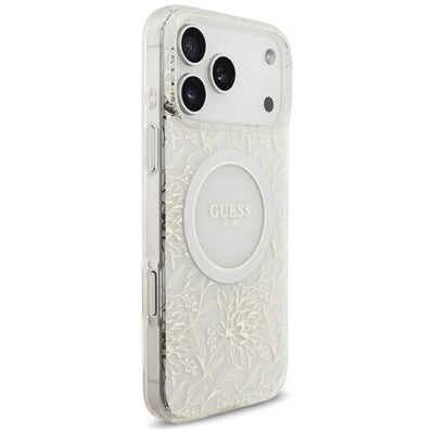 Guess IML Flowers Electro Pearl Strap MagSafe Case for iPhone 17 Pro Max - White